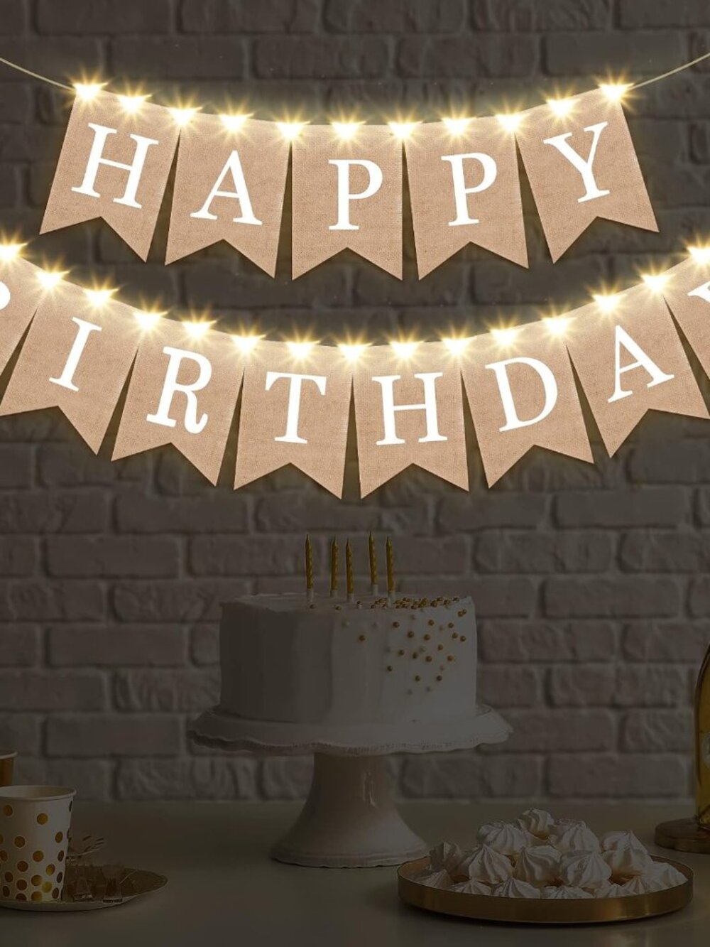 2 Pieces Burlap Happy Birthday Banner Flags Decor with LED Lights